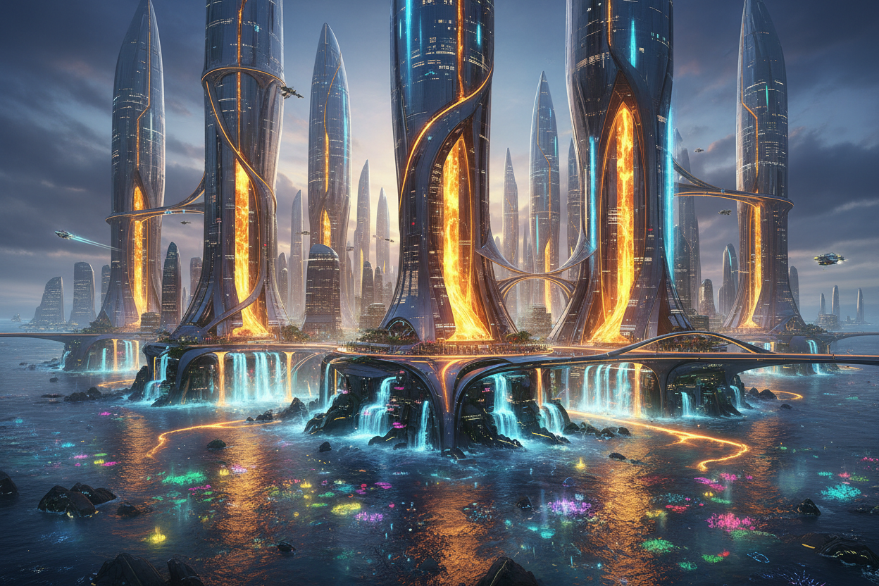 neon golden lava futuristic ocean city glowing waterfall